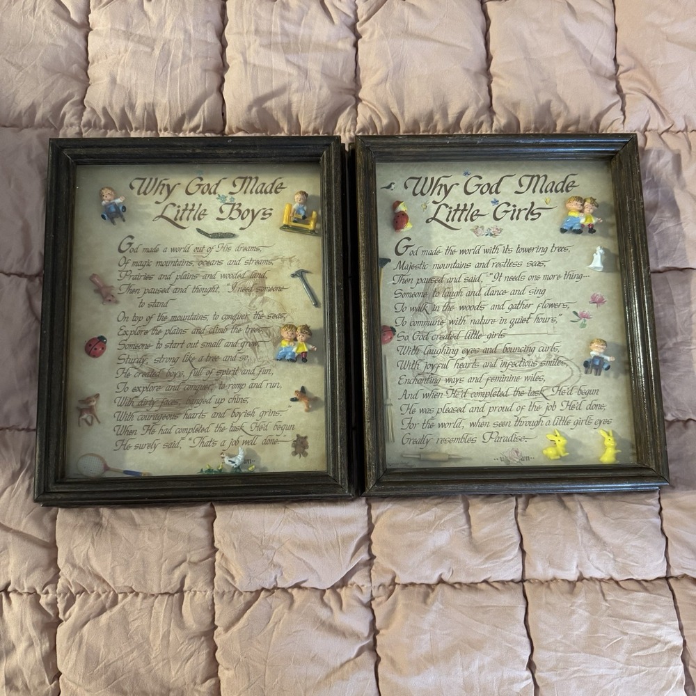 VTG Why God Made Little Boys & Girls Shadow Box Pictures Children Babies Nursery